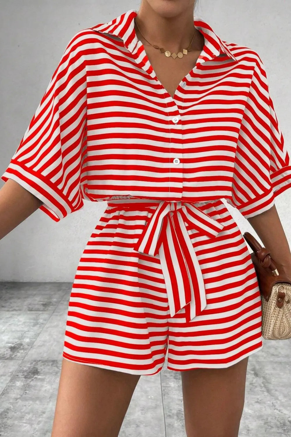 Striped Collared Neck Tie Waist Romper