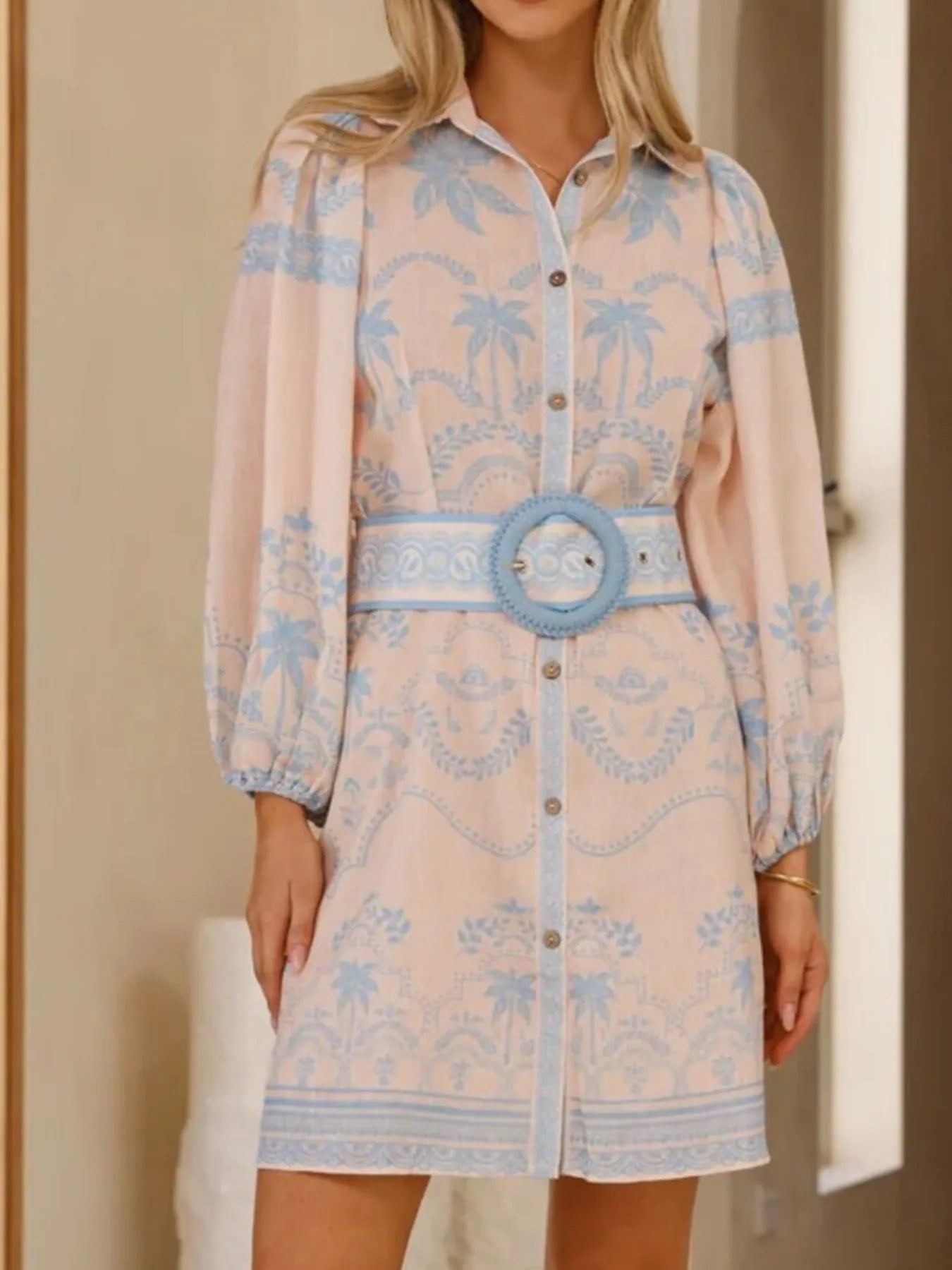 Printed Button Down Shirt Dress with Belt
