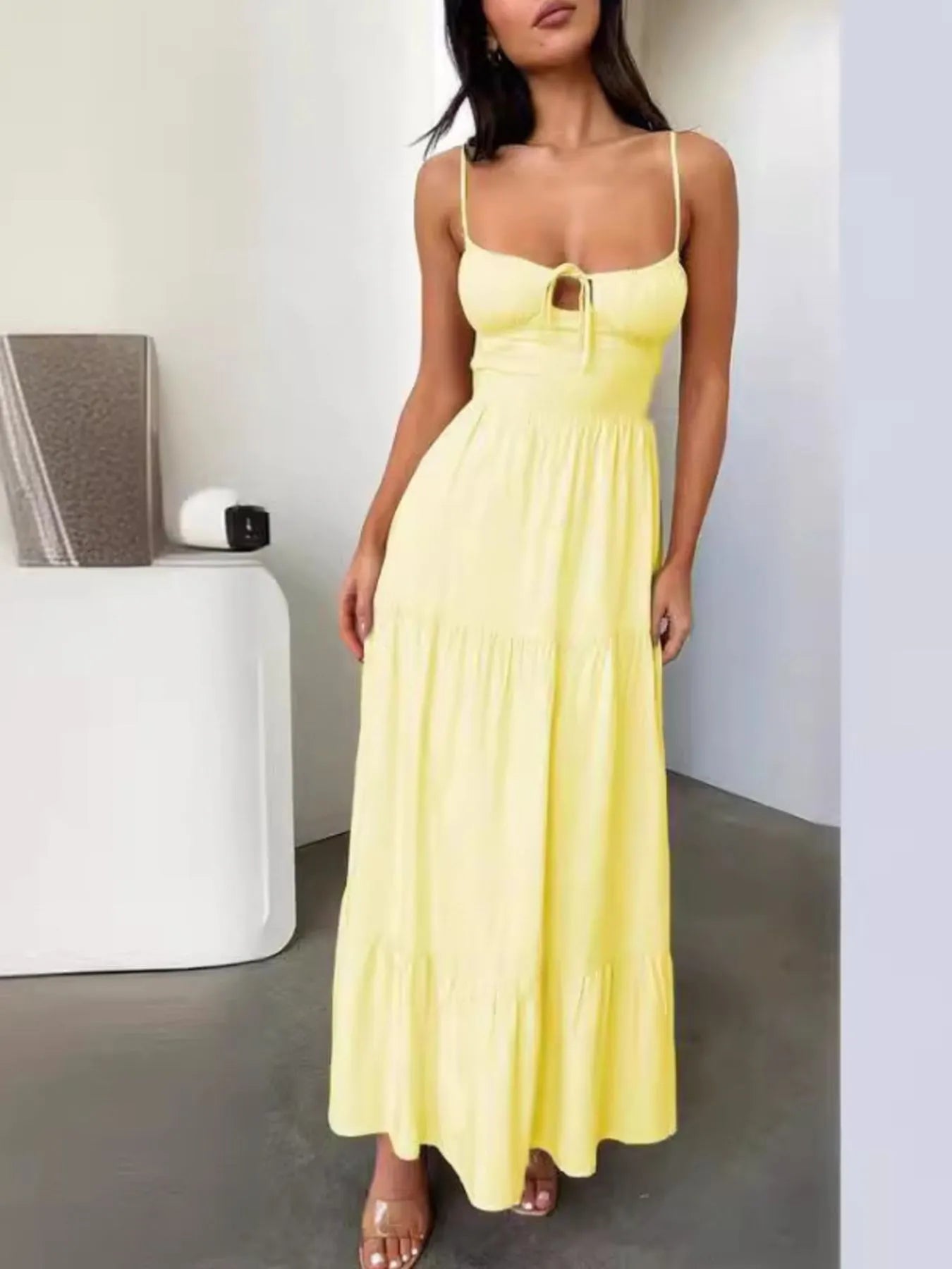 Tiered Lace Up Spaghetti Straps Maxi Dress