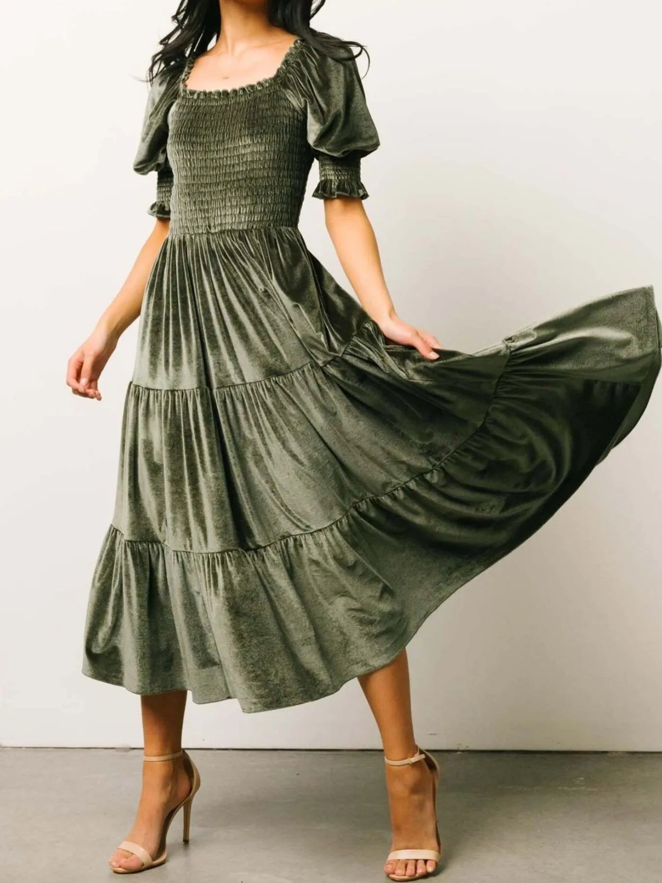 Smocked Half Sleeve Tiered Midi Dress