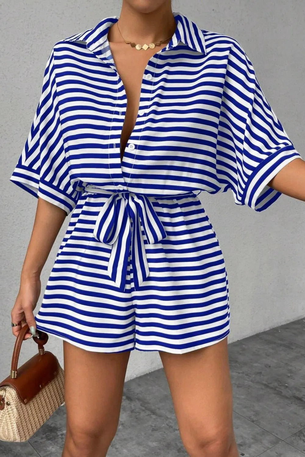 Striped Collared Neck Tie Waist Romper