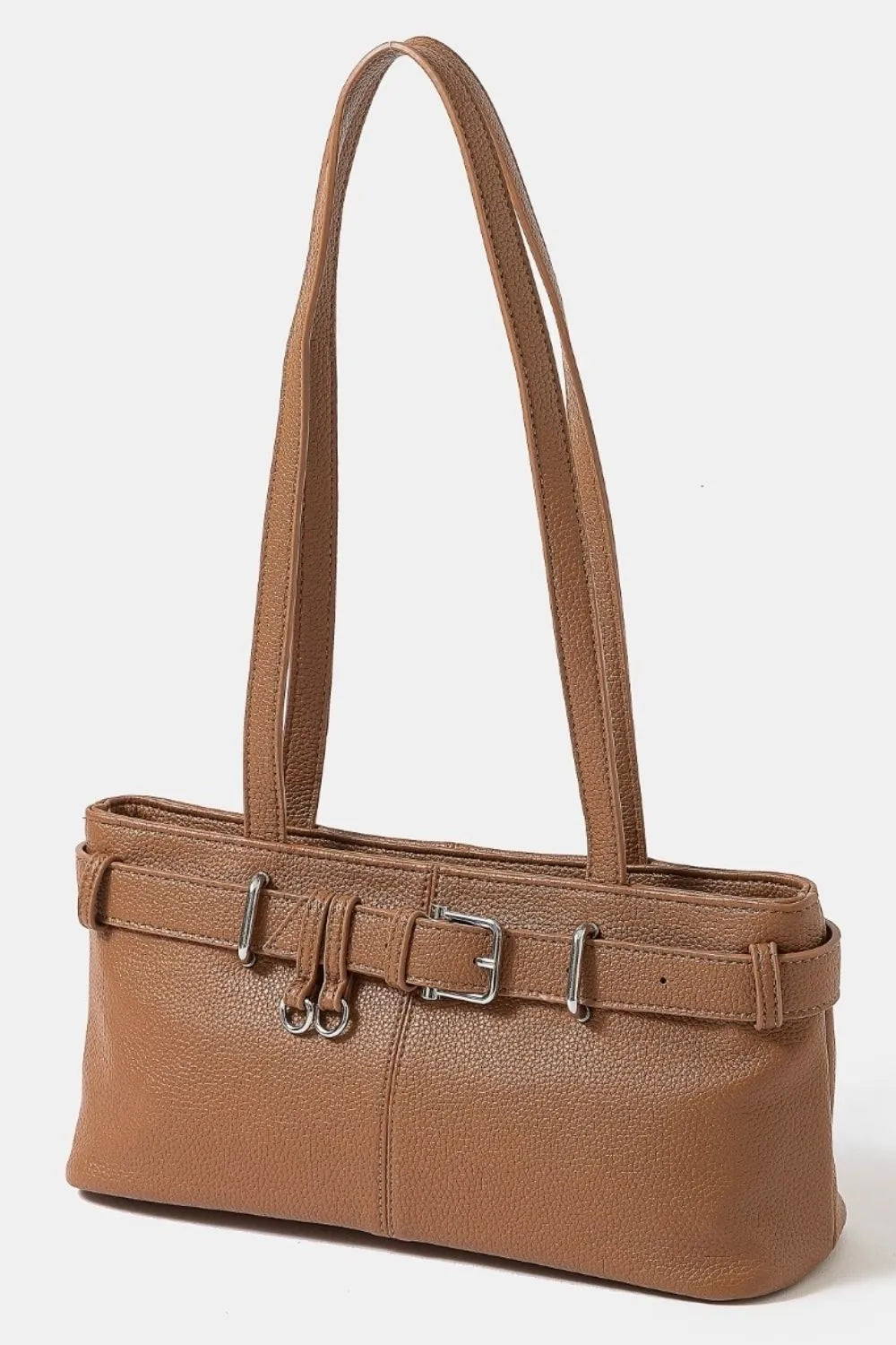 Fame Belt Strap Textured Faux Leather Cognac Shoulder Bag