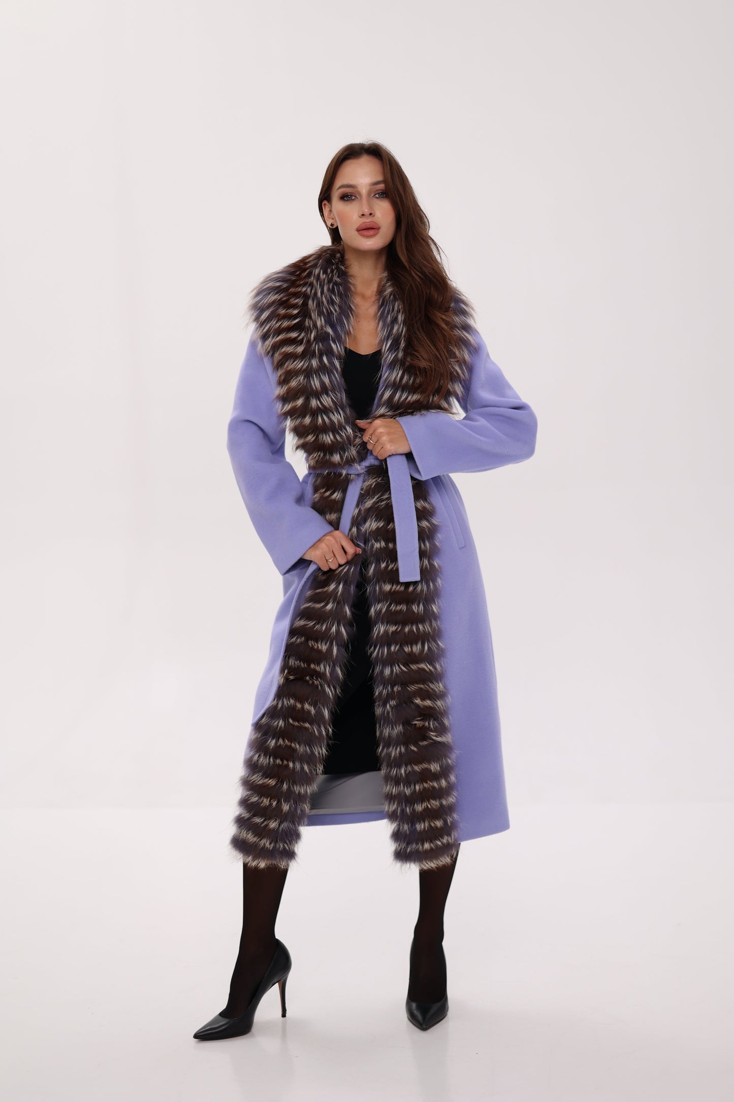 Manteau en laine vierge véritable de renard argenté couleur lavande