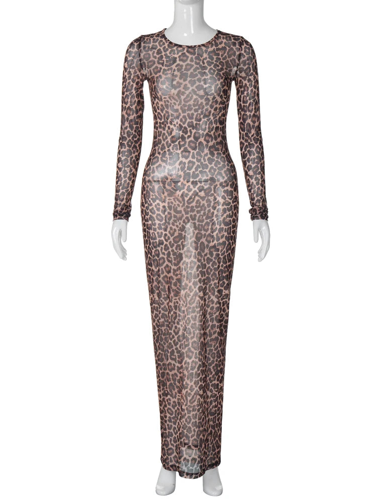 Hugcitar Leopard Print Mesh Long Sleeve Sexy Slim See Through Maxi Dress Fall Women Fashion Outfits Beach Vacation Club