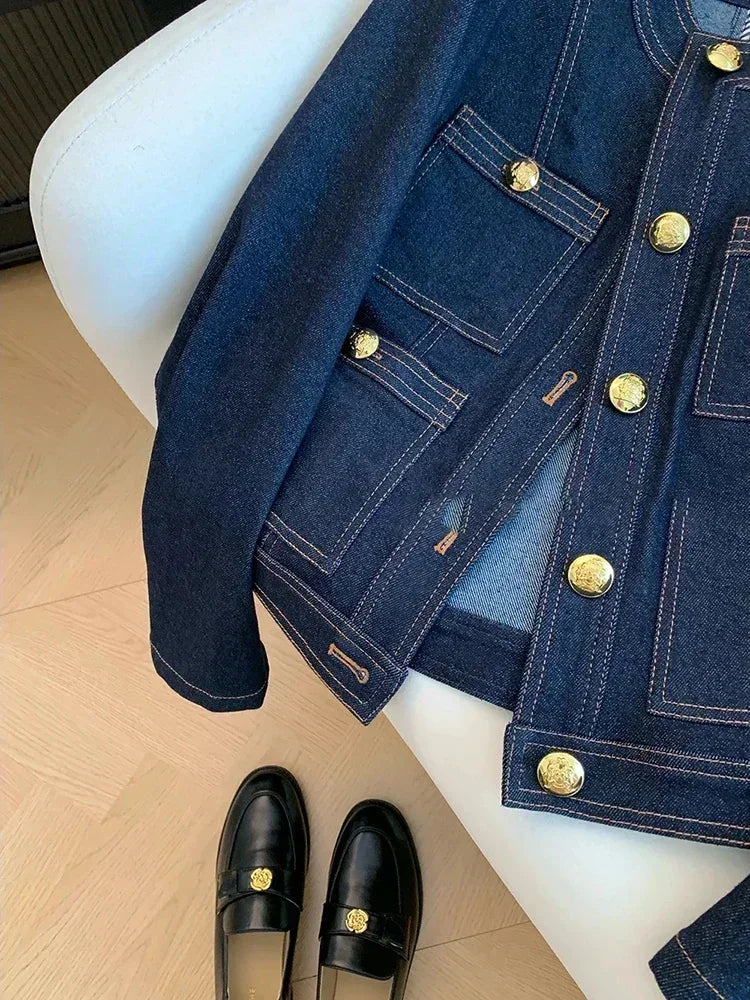 Blue Denim Top Women Autumn Classic Style Short Coat New Korean Fashion Chic Pockets O-Neck Female Ropa De Mujer Loose Jackets