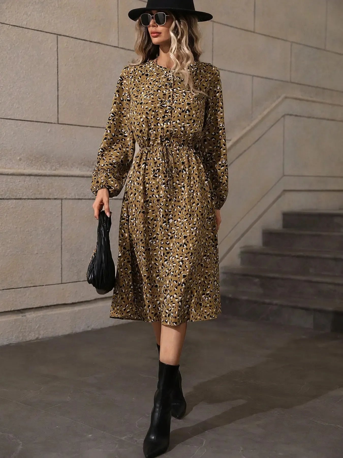 Printed Long Sleeve Midi Dress