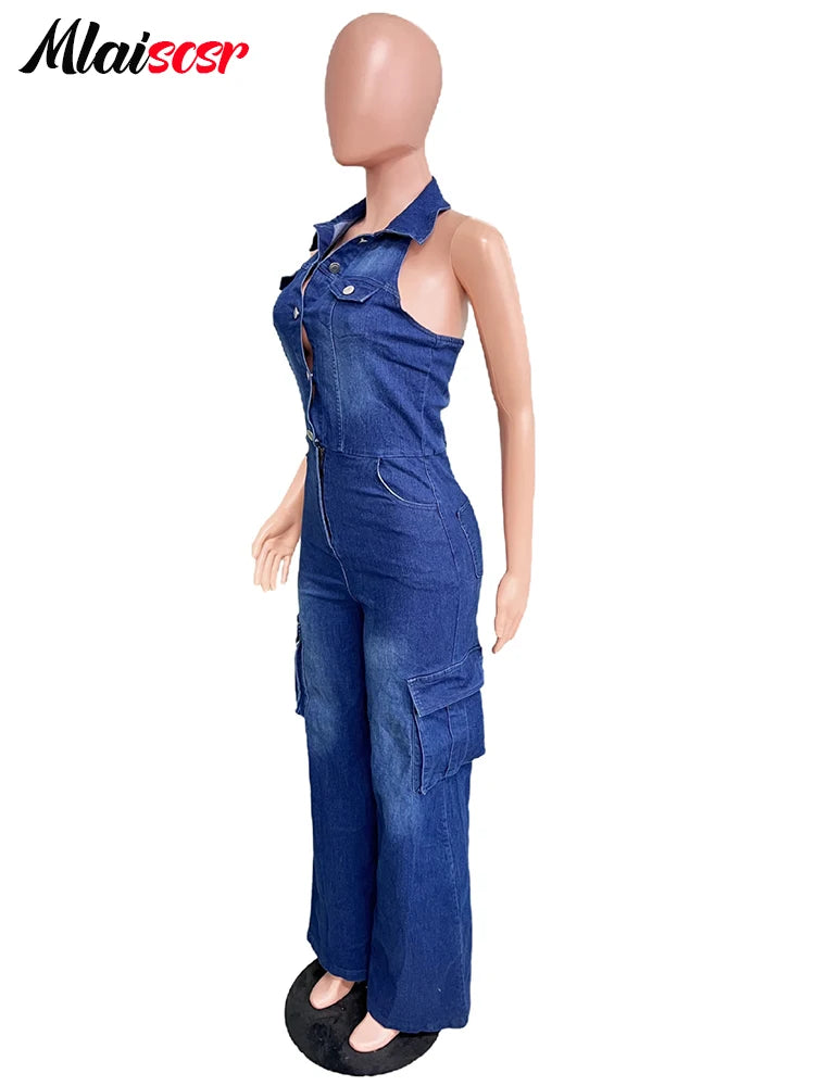 Mlaiscsr Women Clothing Blue Denim One Piece Jumpsuit Halter Backless Sleeveless Straight Jean Overalls Cargo Pants Rompers New
