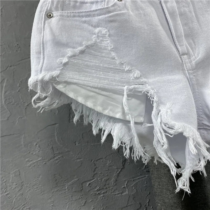Fashion Korean White Jeans Hole Ripped Low Waist Denim Shorts Women шорты женский