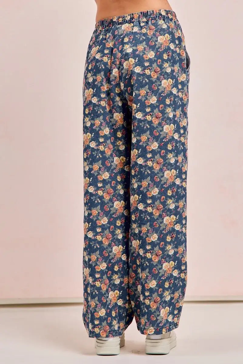 Bibi Washed Floral Print Wide Leg Jean High Waisted
