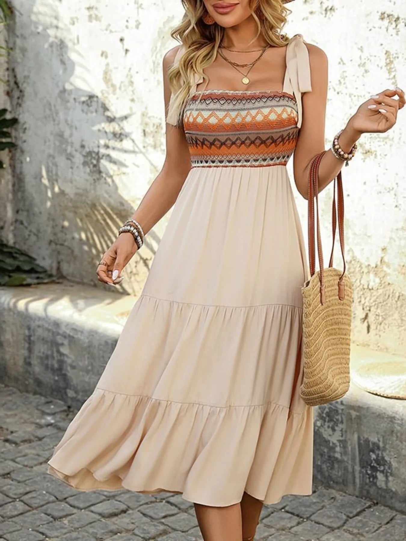 Tiered Tie Shoulder Midi Dress