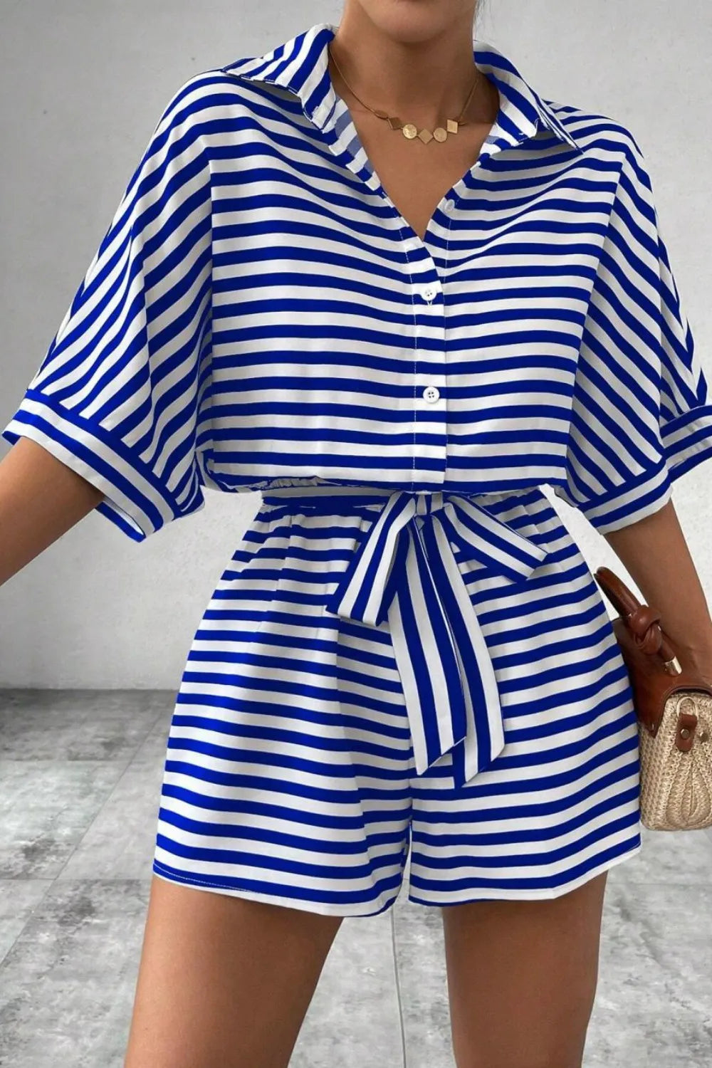 Striped Collared Neck Tie Waist Romper