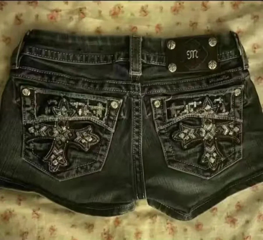 Women's retro Summer casual Buddha statue denim shorts Y2K sexy hot pants high waisted pocket embroidered street mini shorts