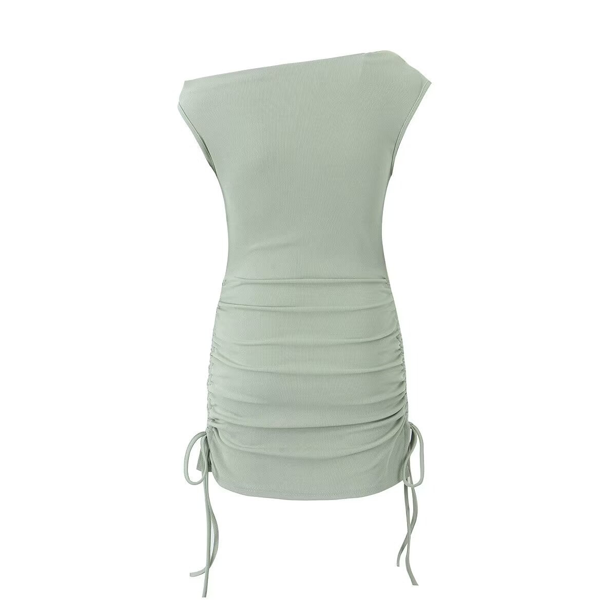 Summer Shoulder Asymmetric Sleeves Side Drawstring Bag Hip Dress Short Dress