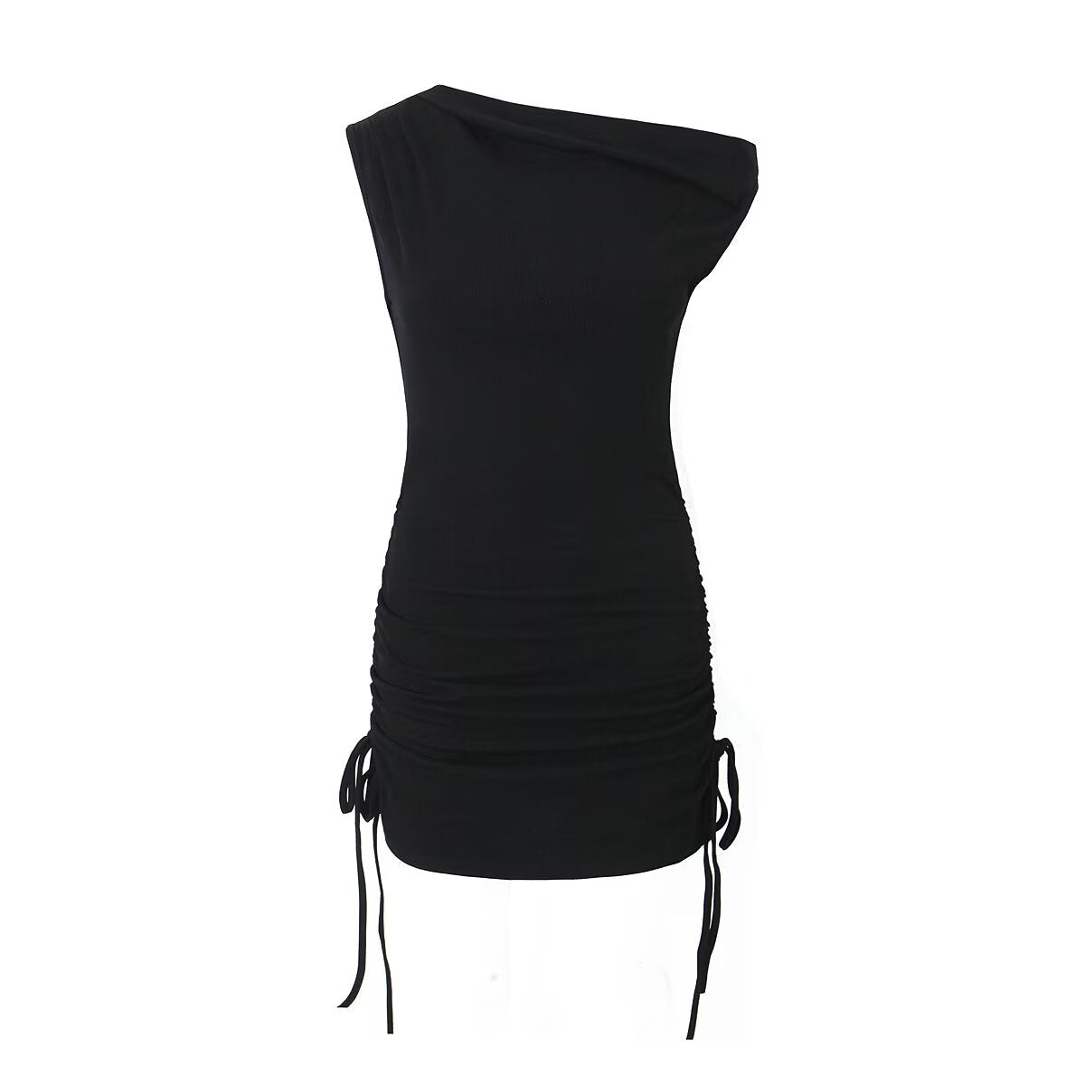 Summer Shoulder Asymmetric Sleeves Side Drawstring Bag Hip Dress Short Dress