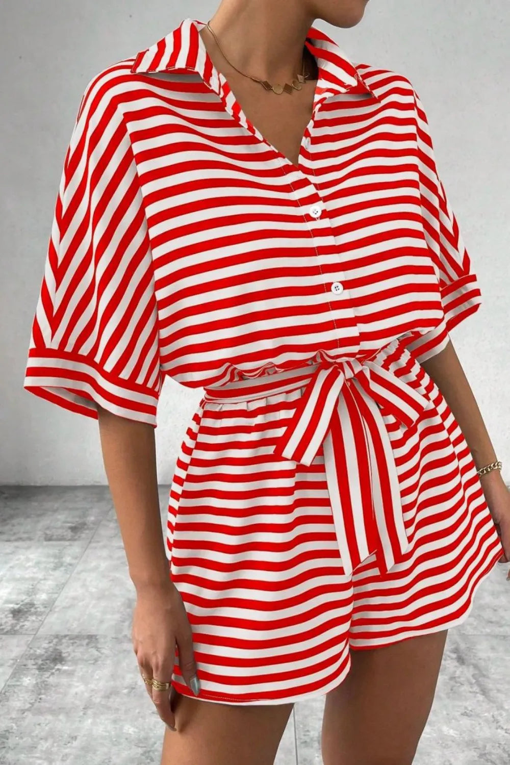 Striped Collared Neck Tie Waist Romper