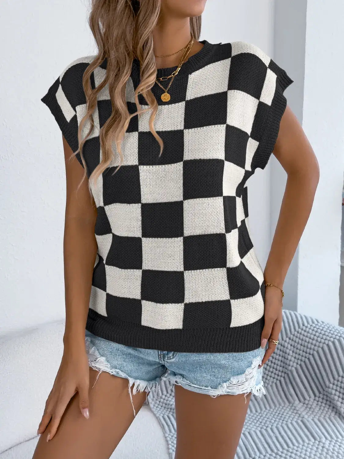 Checkered Round Neck Cap Sleeve Knit Top For Women Casual