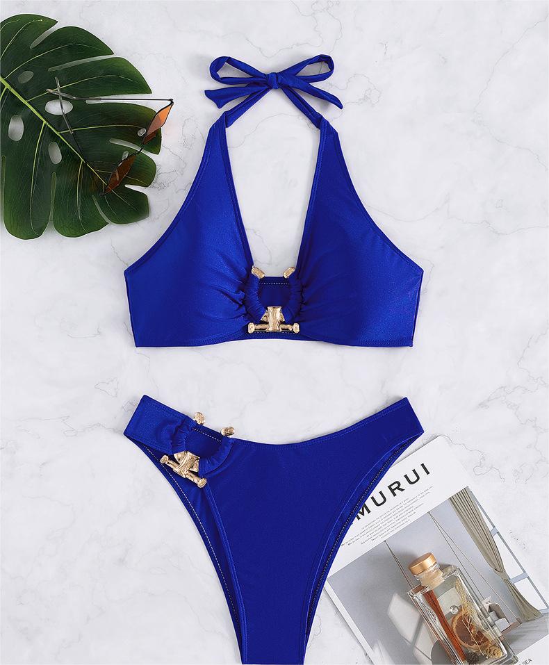 Sexy Split Swimsuit Metal Accessories Bikini Solid Color Tube Top High Waist Women Swimsuit