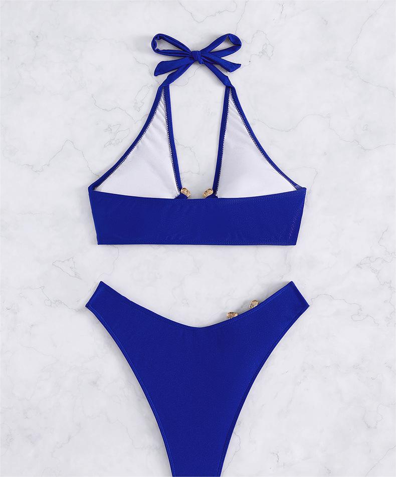 Sexy Split Swimsuit Metal Accessories Bikini Solid Color Tube Top High Waist Women Swimsuit