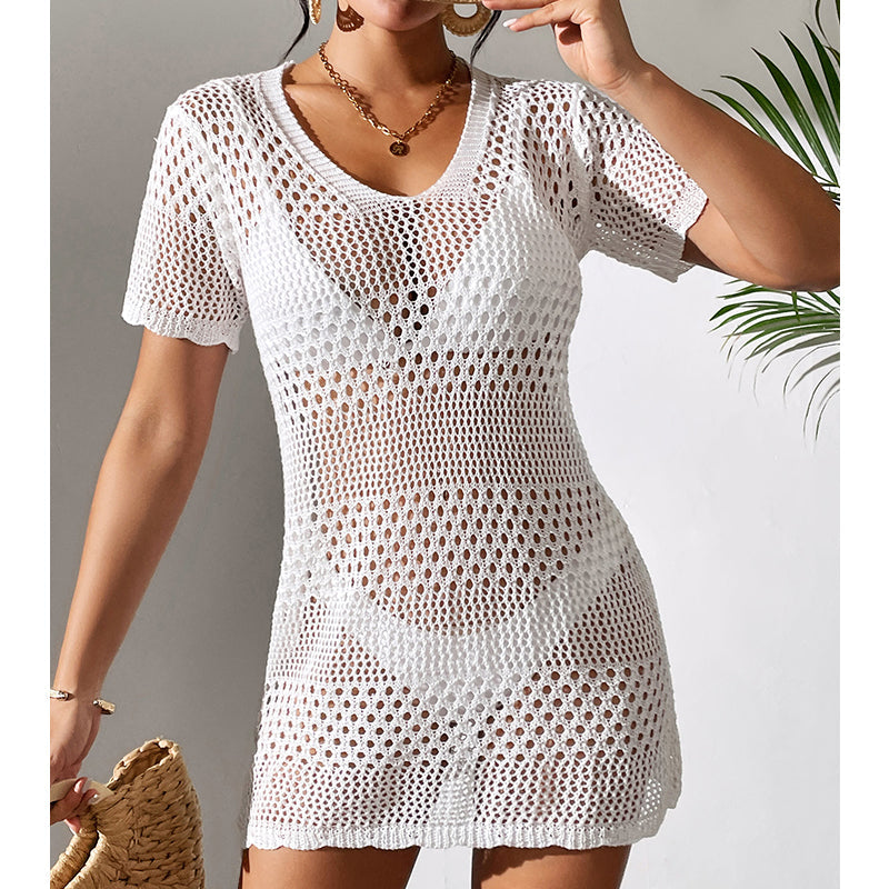 Women Clothes Sexy Cutout Short Sleeve Casual Bikini Cover Up Swimsuit Blouse Beach Sun Protection Shirt Crochet hook