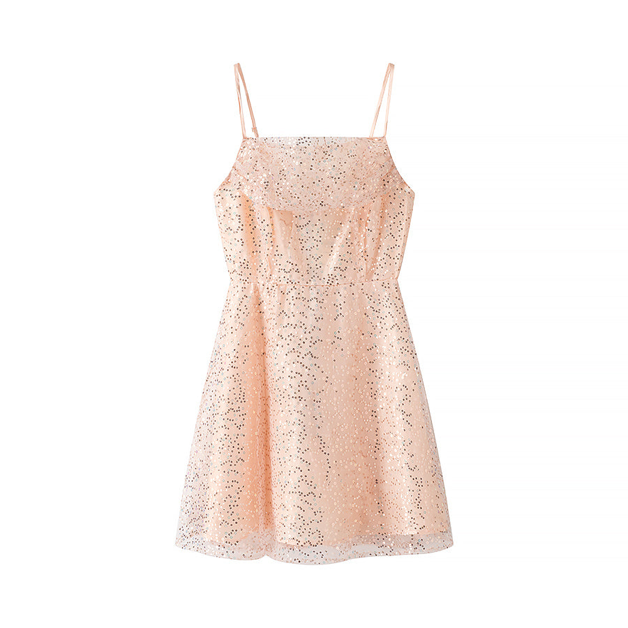 Spring Women Clothing Simple Sequined Short Sling Dress