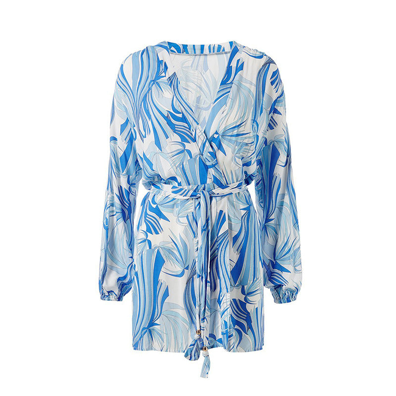 Summer Printed Sun Protection Shirt Blue Irregular Asymmetric Striped Beach Bikini Swimsuit Outwear Blouse Women