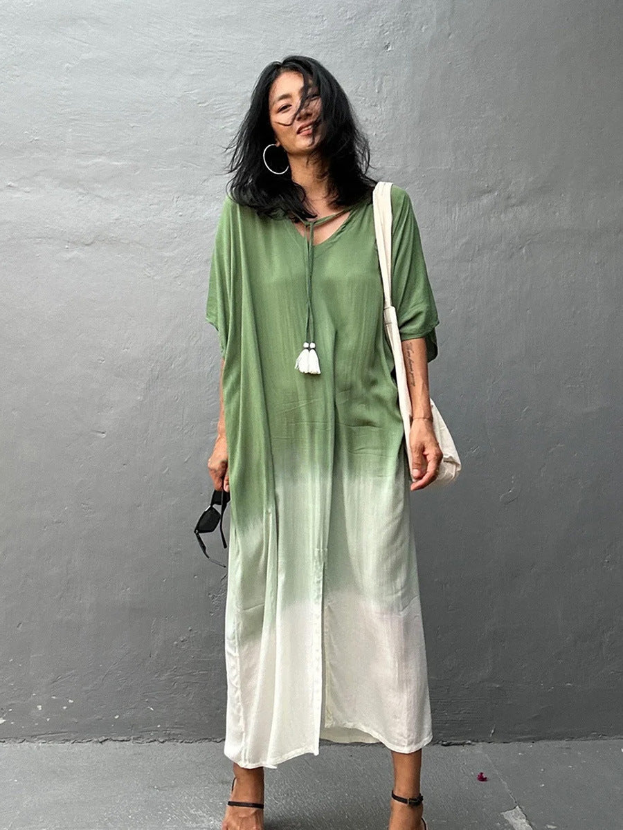 Gradient Color Rayon Beach Dress Vacation Beach Cover Up Swimsuit Outwear Dress Women Slit