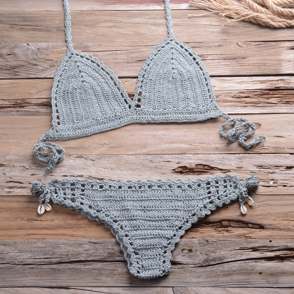 All-Matching Handmade Weaving Hollow Out Cutout Beach Women Split Bikini Swimsuit Shell Shorts Suit