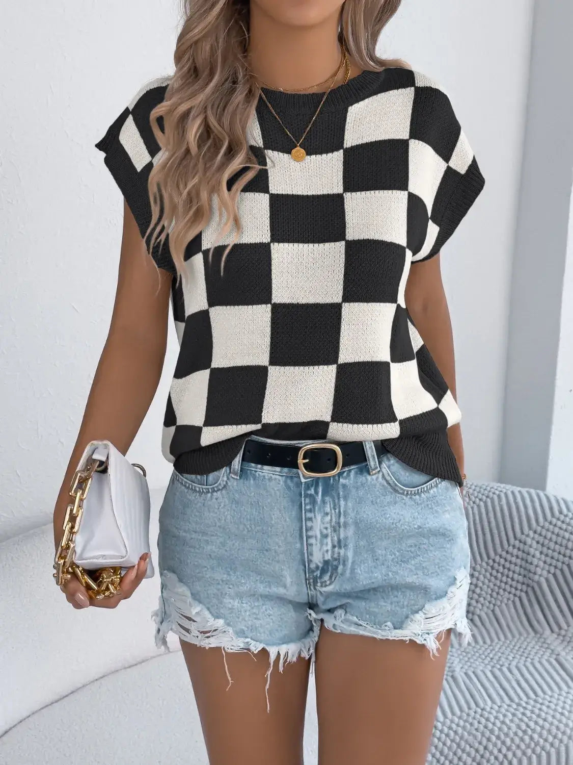 Checkered Round Neck Cap Sleeve Knit Top For Women Casual