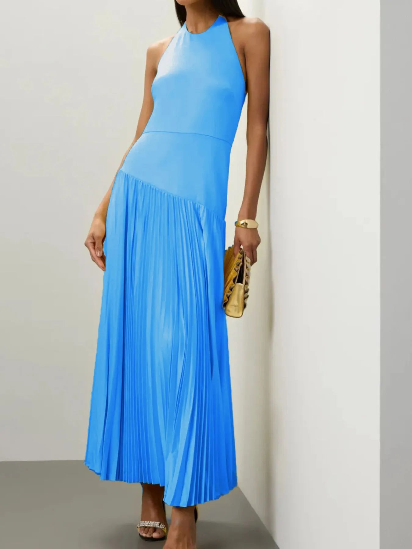 Pleated Halter Neck Maxi Dress