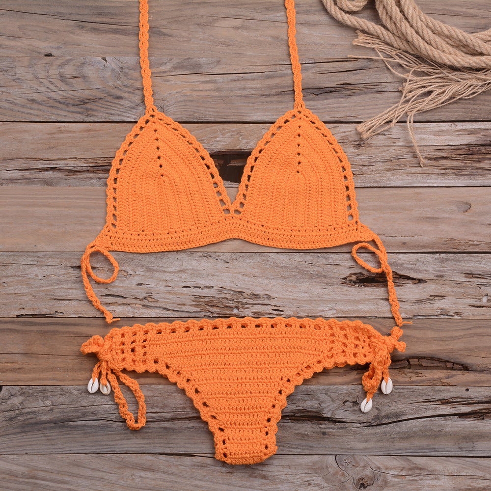 All-Matching Handmade Weaving Hollow Out Cutout Beach Women Split Bikini Swimsuit Shell Shorts Suit