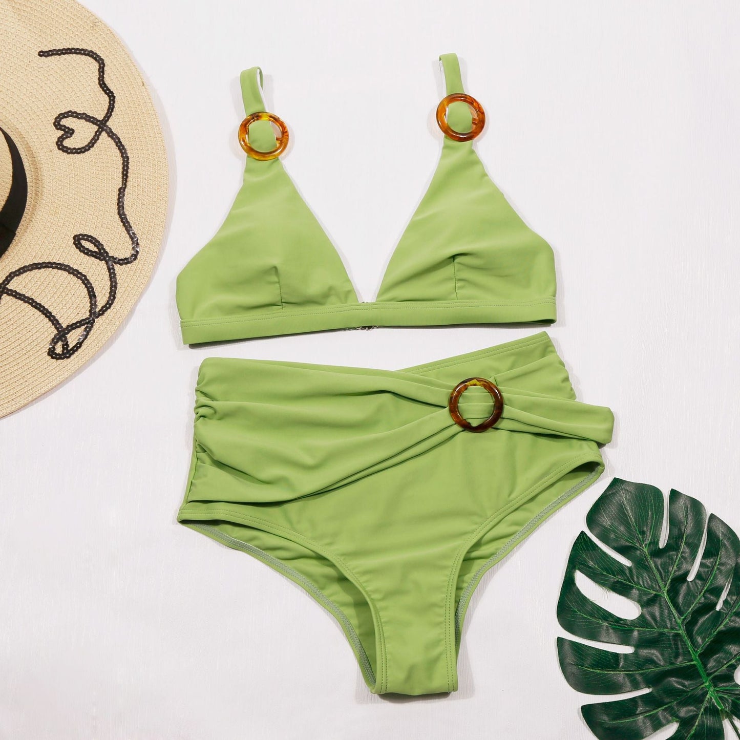 Swimwear Solid Color Two-Piece High Waist Swimsuit Bikini Bikini