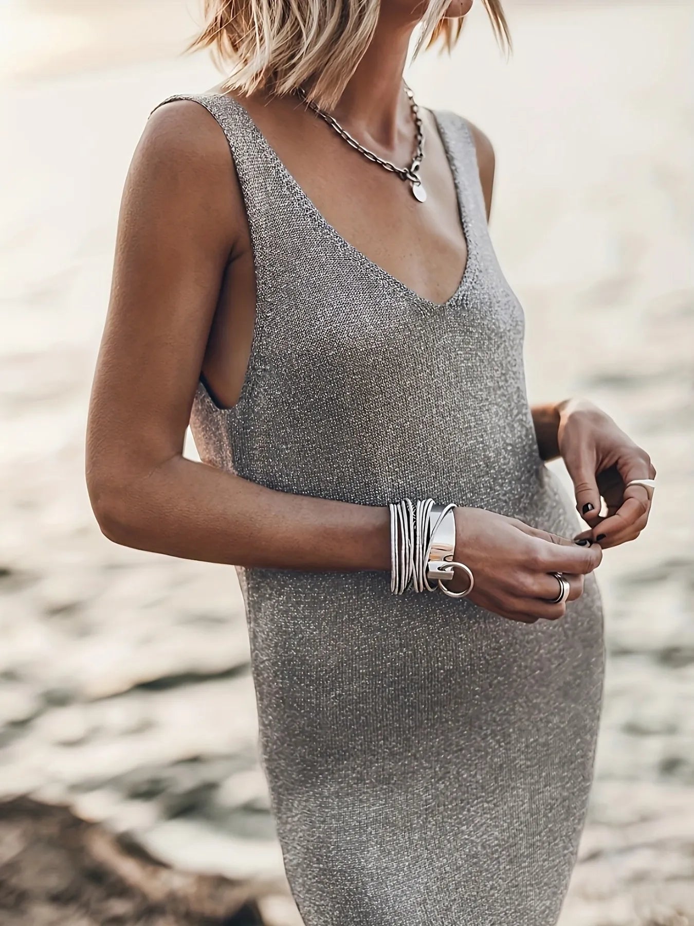 V-Neck Sleeveless Midi Dress