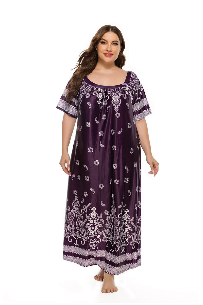 Plus Size Women Loose Home Wear Short Sleeve Dress Floral Print Maxi Dress