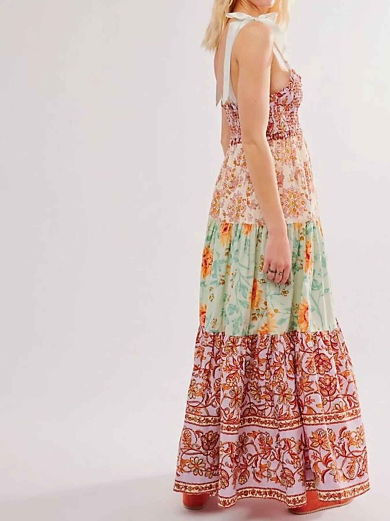 Smocked Printed Tie Shoulder Maxi Dress