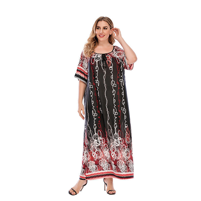 Plus Size Women Loose Home Wear Short Sleeve Dress Floral Print Maxi Dress