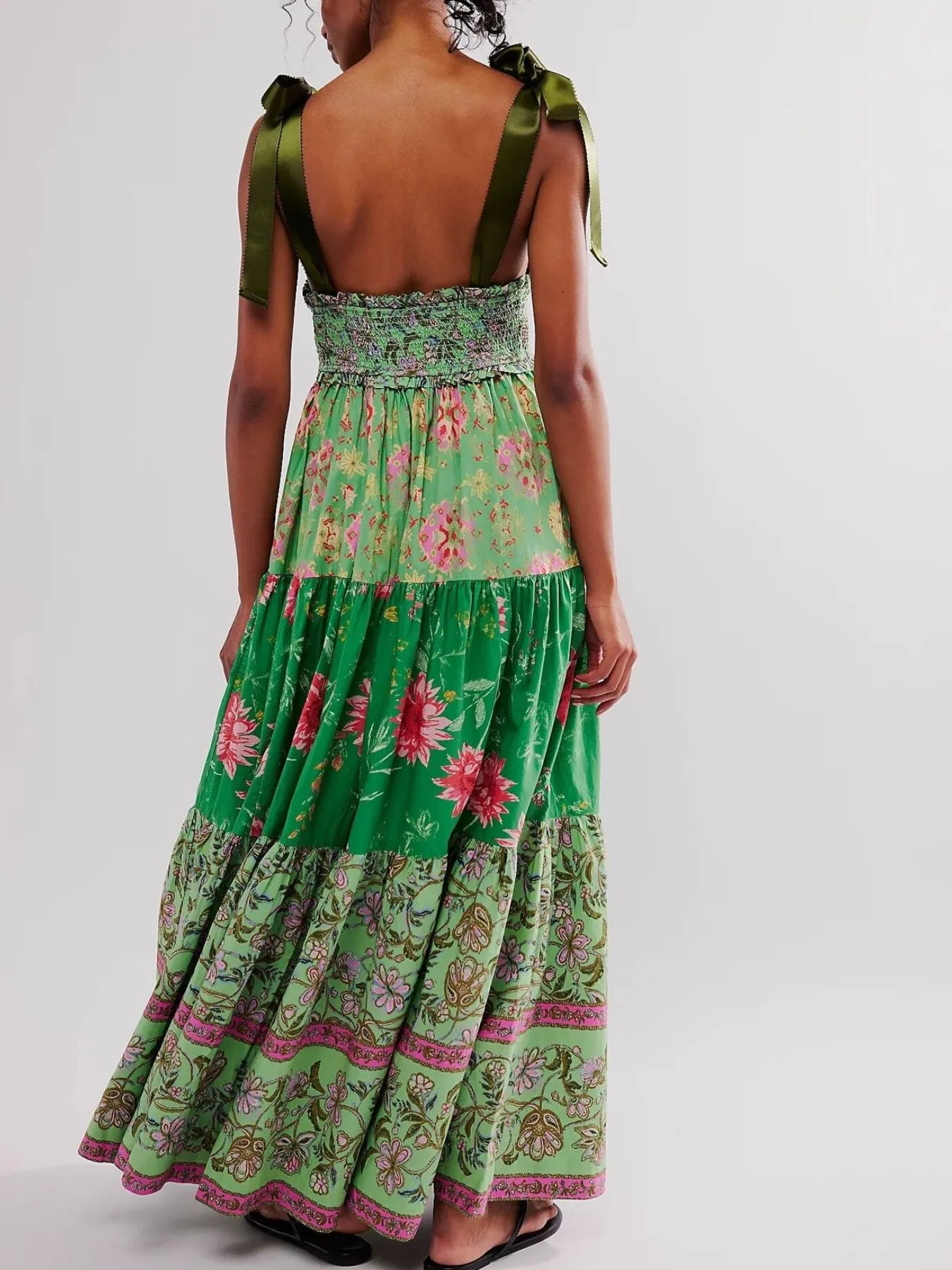 Smocked Printed Tie Shoulder Maxi Dress