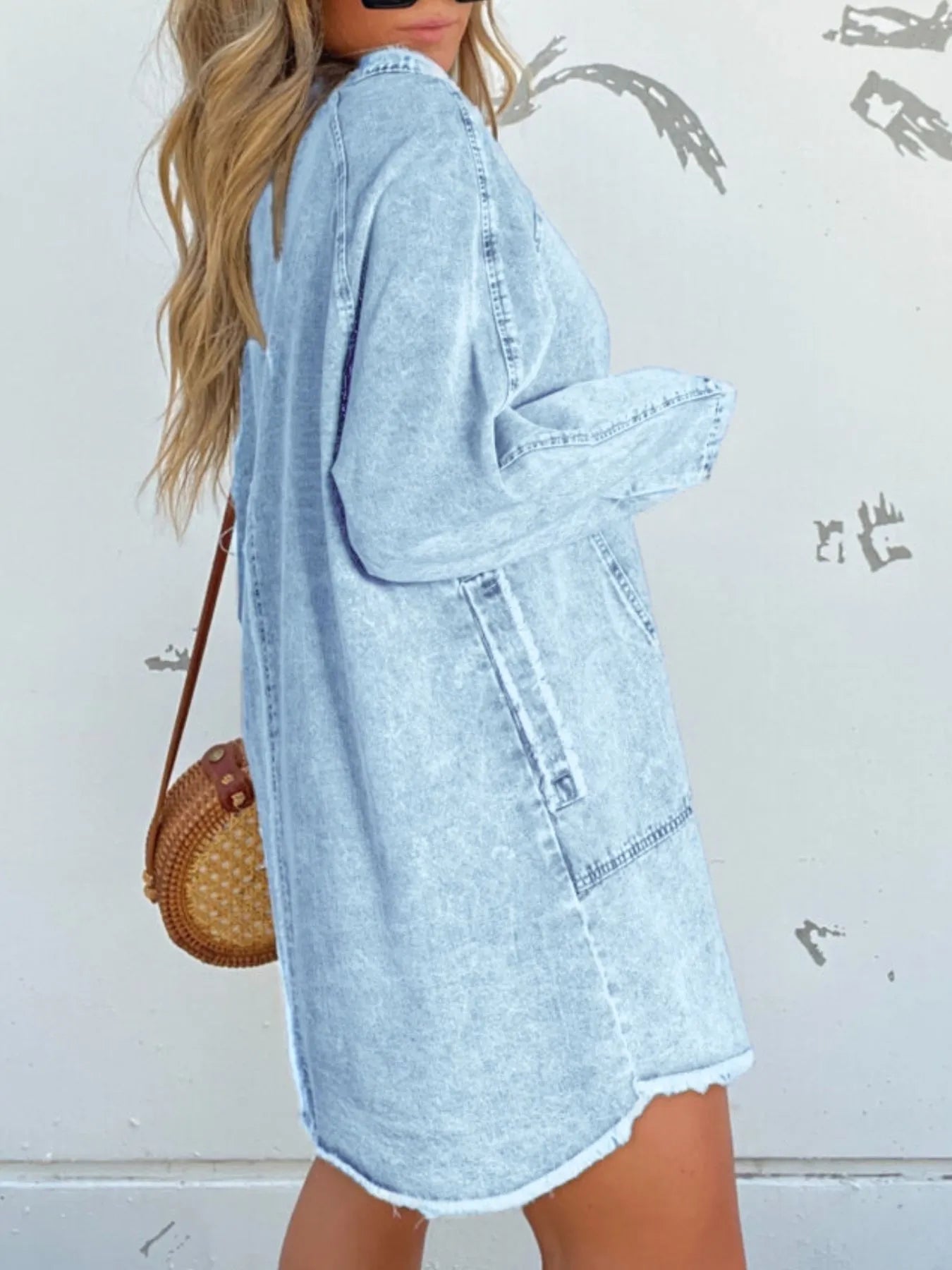 Button-Front Long Sleeve Denim Shirt Dress Plus Size