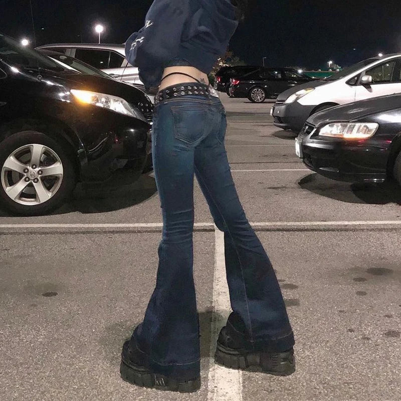 Rockmore Vintage Flare Jeans Women Low Rise Fashion Washed Jean Pants Y2K Aesthetic High Street Denim Trousers Korean Casual New
