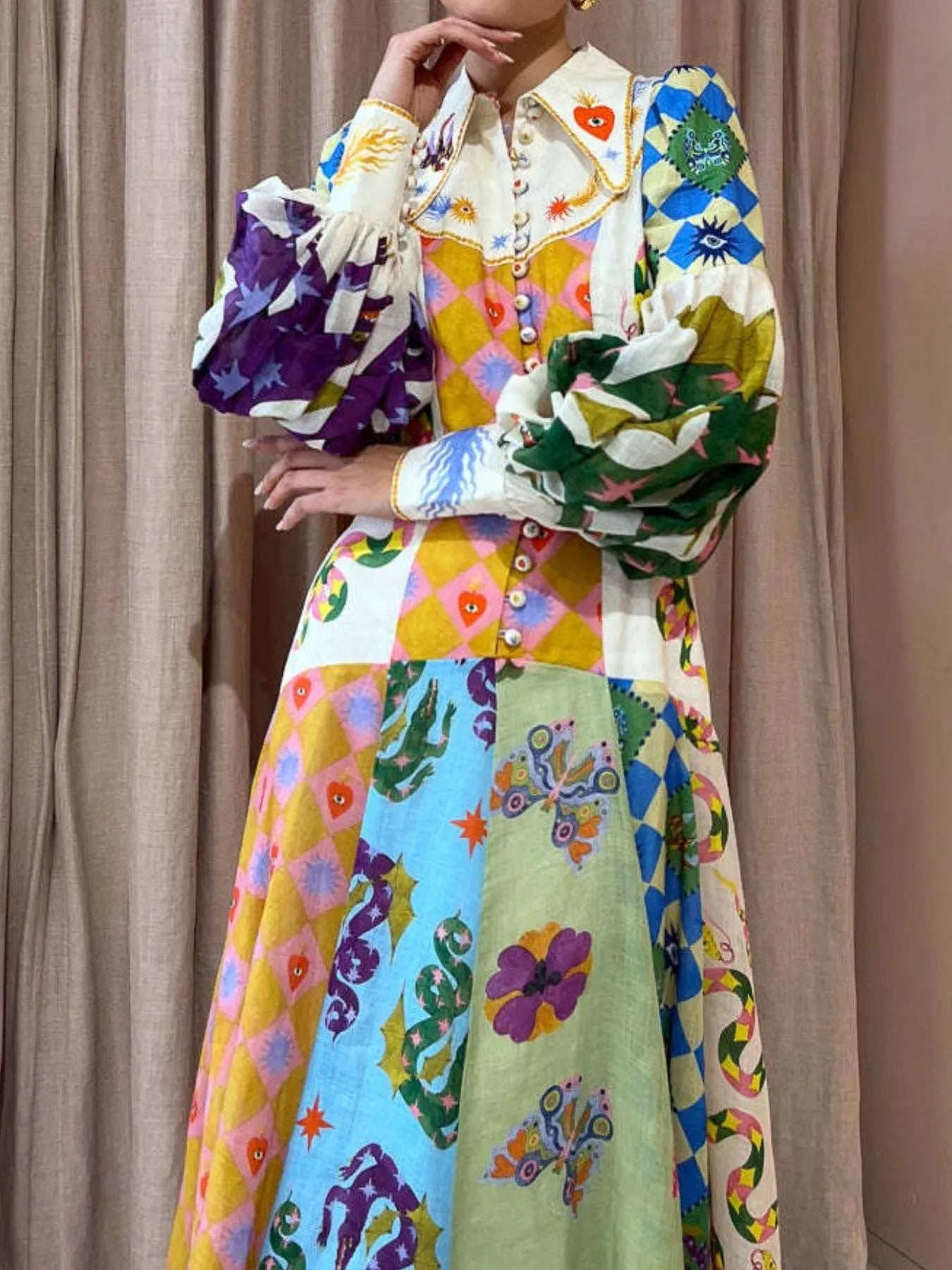 Printed Lantern Sleeve Midi Shirt Dress