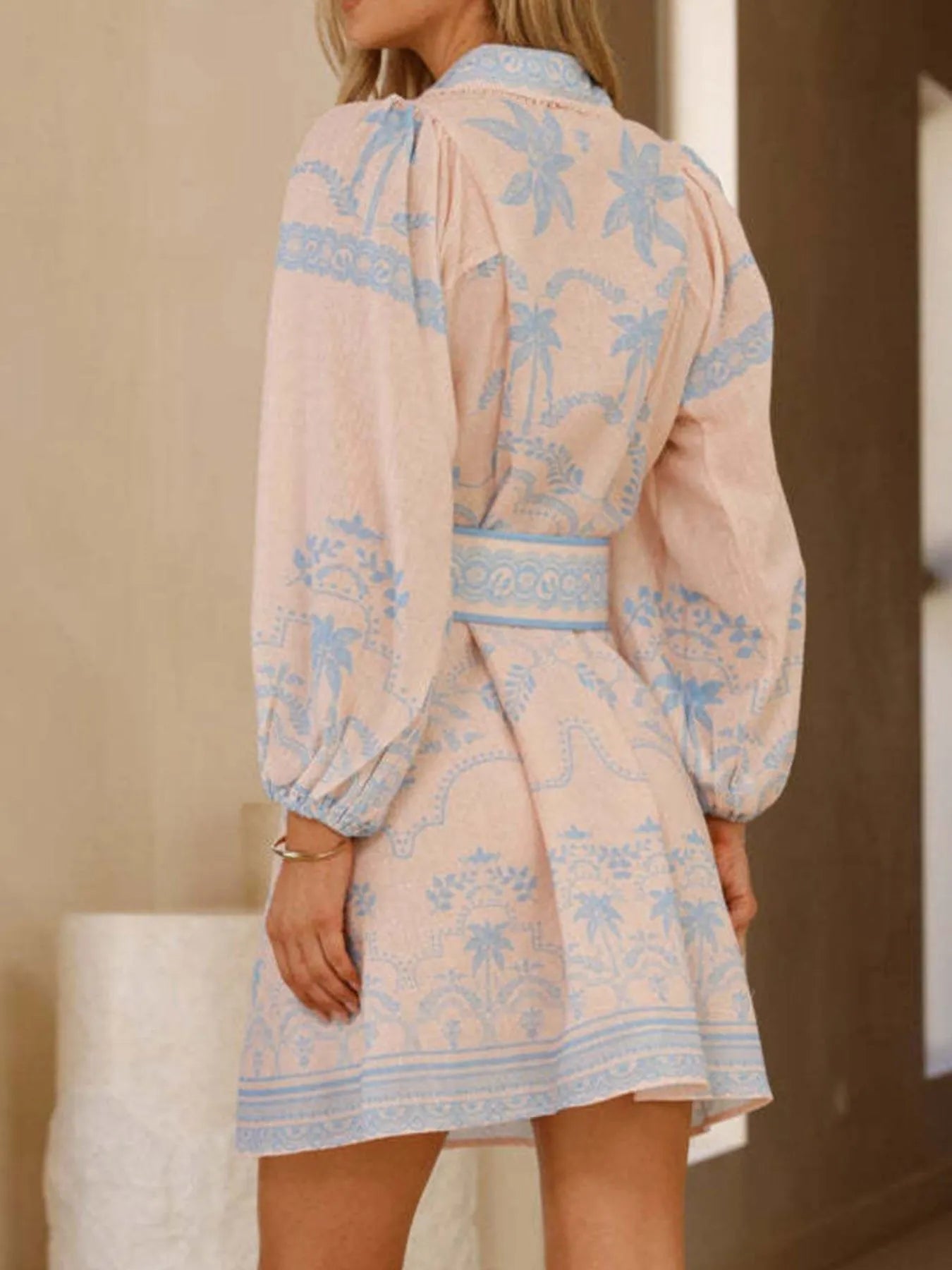 Printed Button Down Shirt Dress with Belt