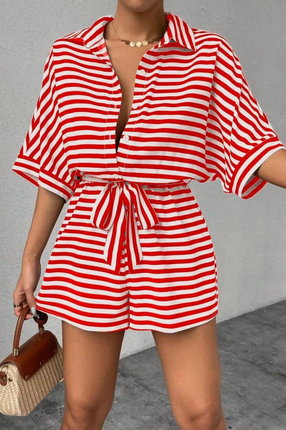 Striped Collared Neck Tie Waist Romper