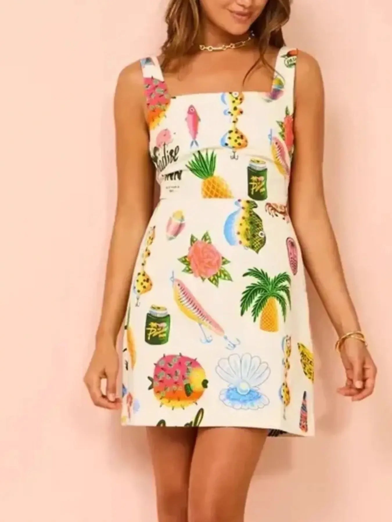 Printed Square Neck Summer Mini Dress