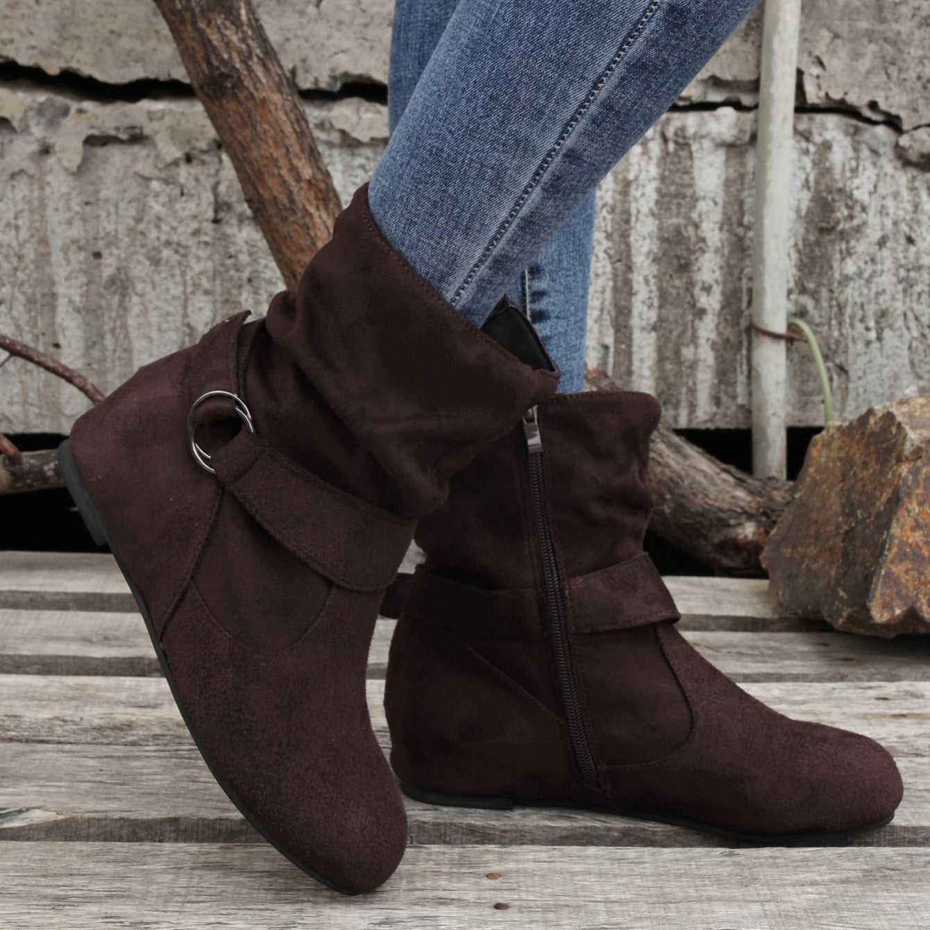 Ankle Boots Round Toe Buckle Belt Side Zipper Boots