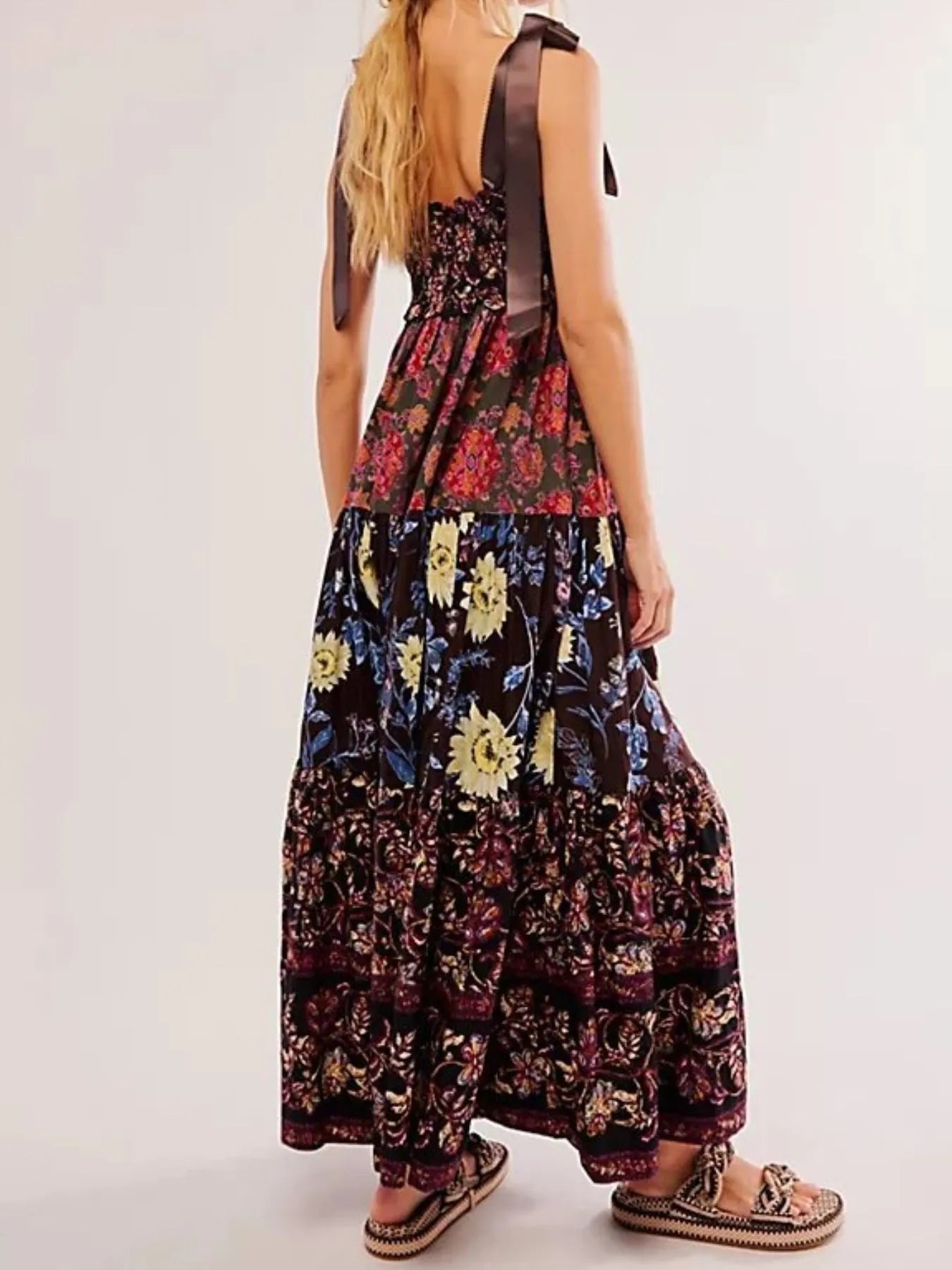 Smocked Printed Tie Shoulder Maxi Dress