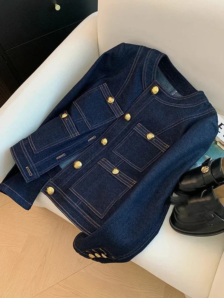 Blue Denim Top Women Autumn Classic Style Short Coat New Korean Fashion Chic Pockets O-Neck Female Ropa De Mujer Loose Jackets