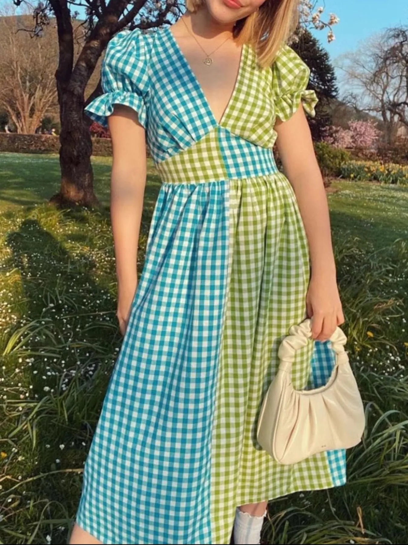 Plaid V-Neck Puff Sleeve Dress