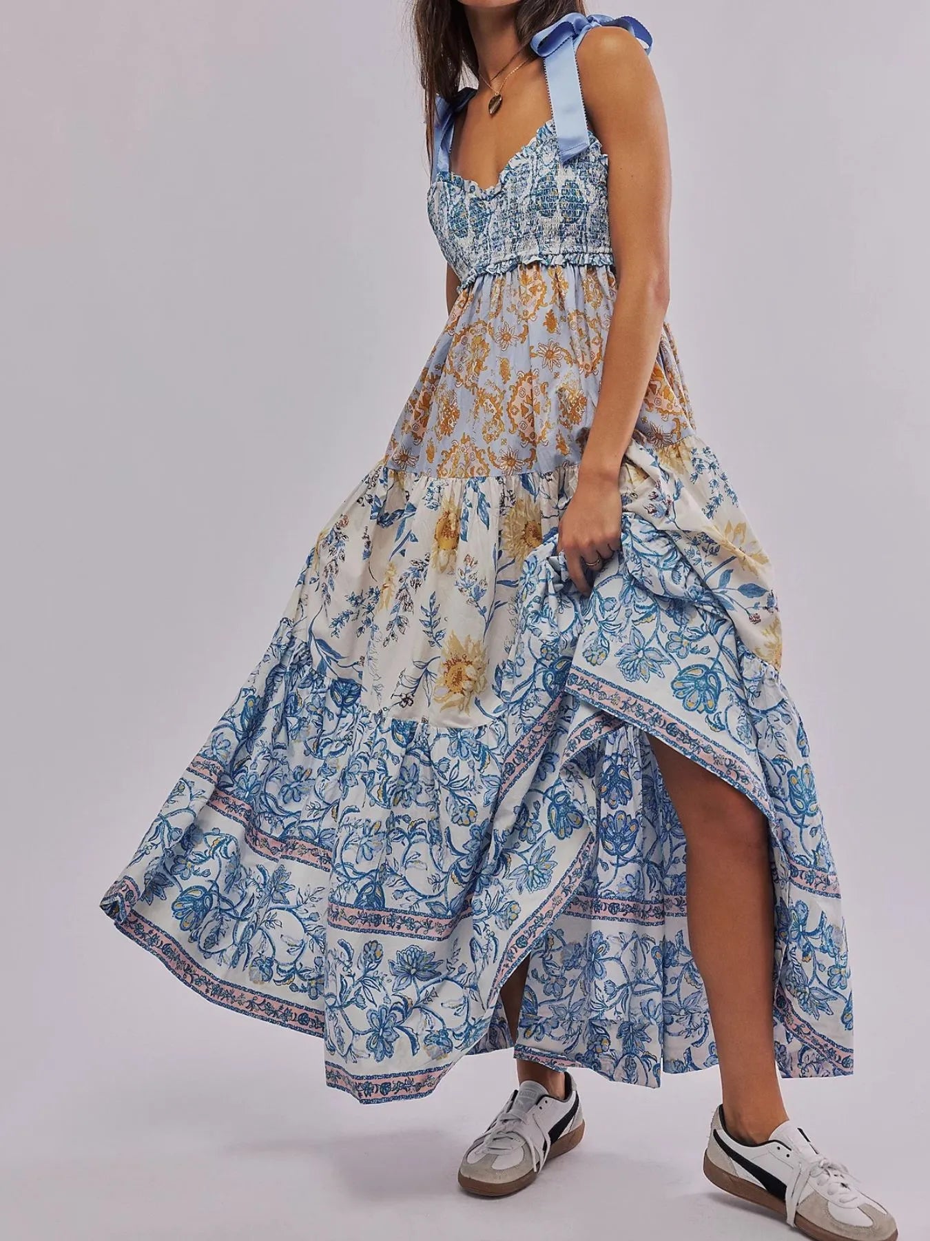 Smocked Printed Tie Shoulder Maxi Dress