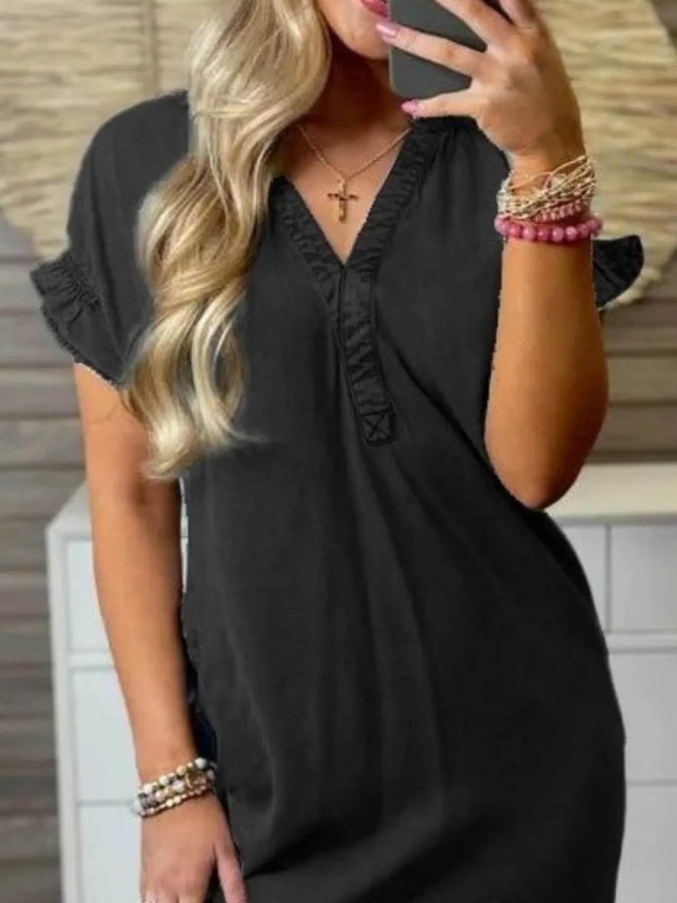 V-Neck Short Sleeve Denim Dress Plus Size
