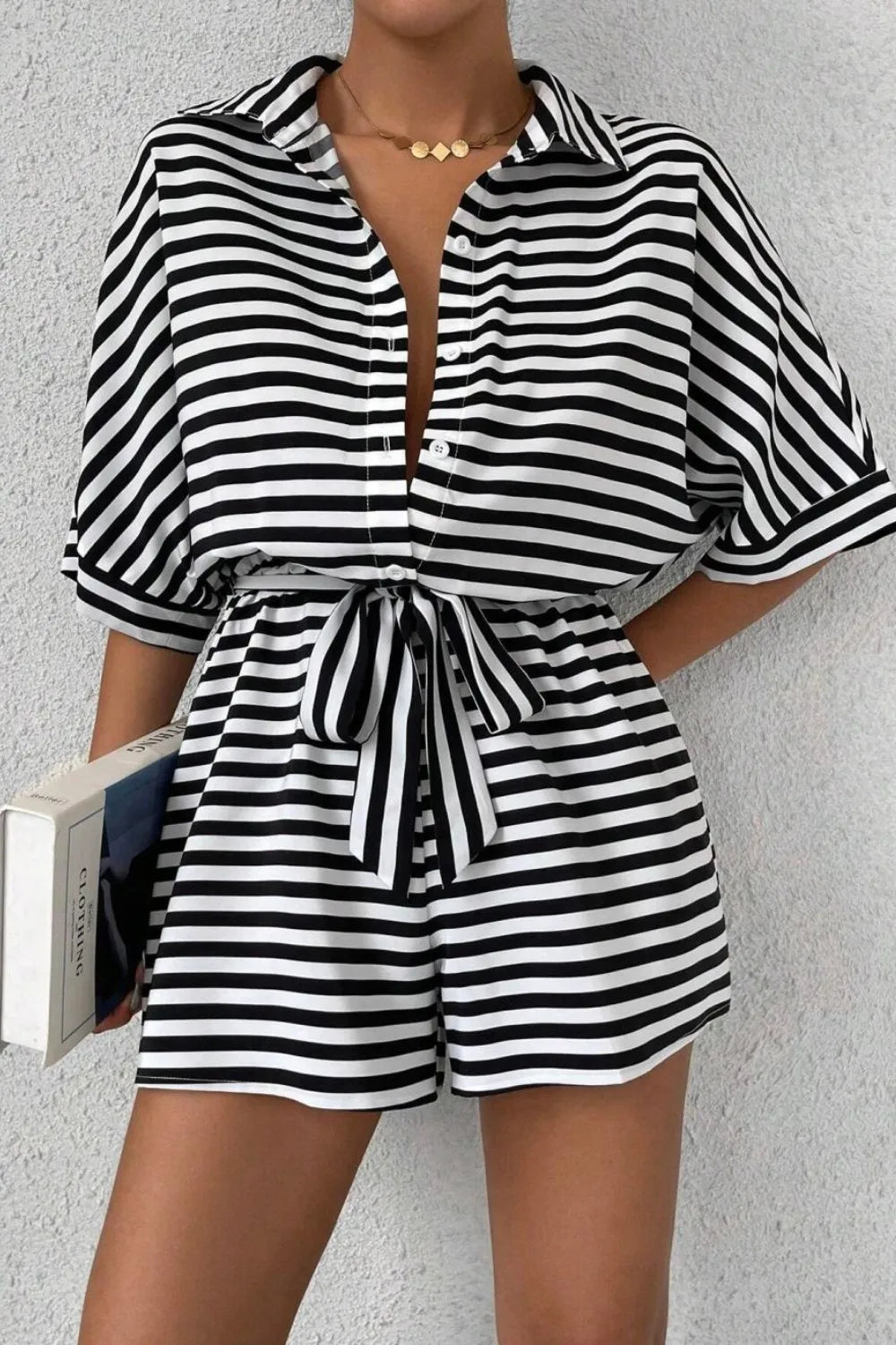 Striped Collared Neck Tie Waist Romper