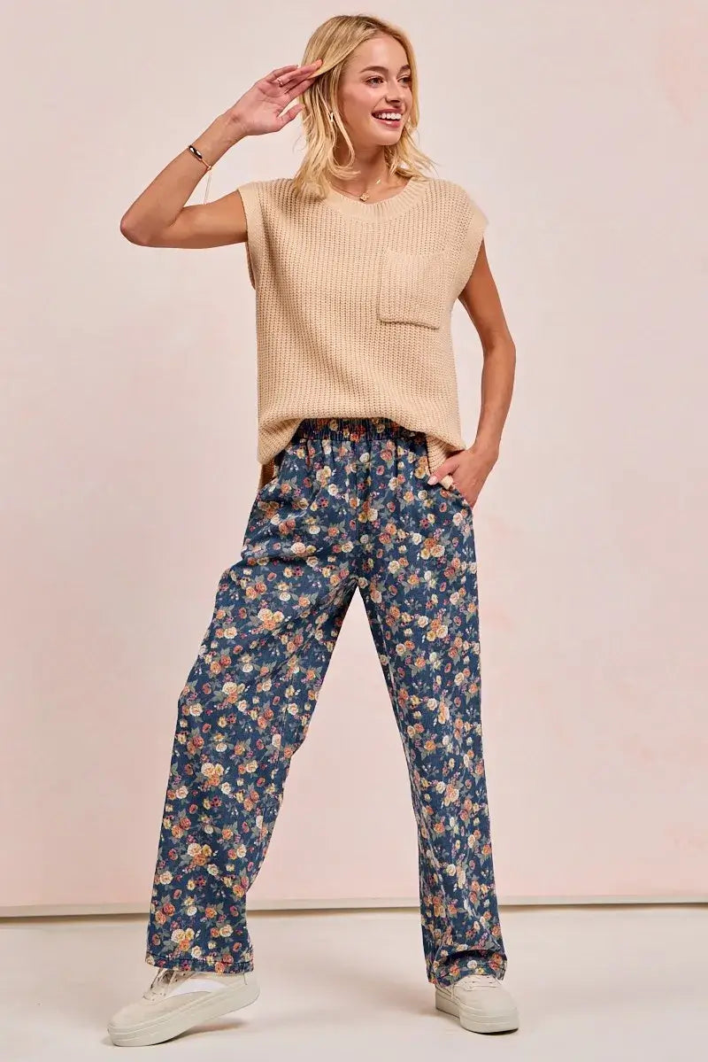 Bibi Washed Floral Print Wide Leg Jean High Waisted